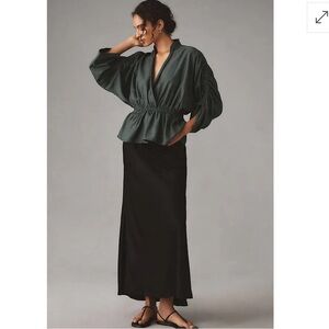 Maeve Anthropologie Short-Sleeve Ruched Peplum Blouse in Deep Teal